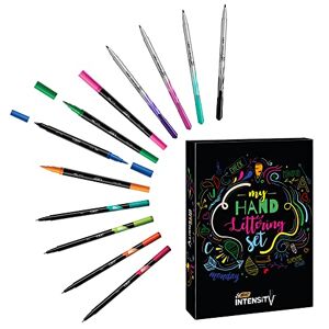 BIC My Hand Lettering Kit Stylos Feutres Intensity (x20 / 0,4 mm)/Medium (x12 / 0,7mm)/Dual Tip (x12 / Pointe Fine + Pinceau) et Modèles de Calligraphie, Coffret Cadeau de 44 - Publicité