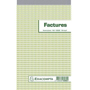 EXACOMPTA Réf. 13282E 1 Manifold FACTURES avec mention TVA 50 feuillets numérotés et autocopiants en 2 exemplaires (1 original + 1 copie) format 220 x 135 mm collé en tête - Publicité