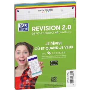 Oxford Sachet de 32 fiches BRISTOL REVISION 2.0 perforées A5 250g 5x5 Assortis - Lot de 3 - Publicité