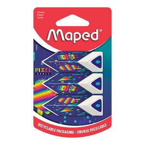 Maped Gomme en plastique Pyramide PIXEL PARTY, blister de 3 - Lot de 12 - Publicité