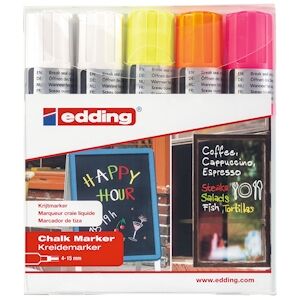 EDDING E-4090 Marqueurs craie liquide pointe ogive 4-15mm. Assortis: 2 Blancs, 1 Jaune, 1 Orange, 1 Rose. Publicité