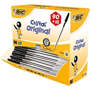 BIC® Cristal Original Stylo bille à capuchon pointe moyenne 1 mm noir - Pack Promo 90 + 10 OFFERTS - Publicité