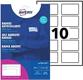 Avery Badges adhésifs en soie-acétate pour imprimantes laser, repositionnables, 80 x 50 mm, 20 feuilles, 10 étiquettes par feuille, blanc