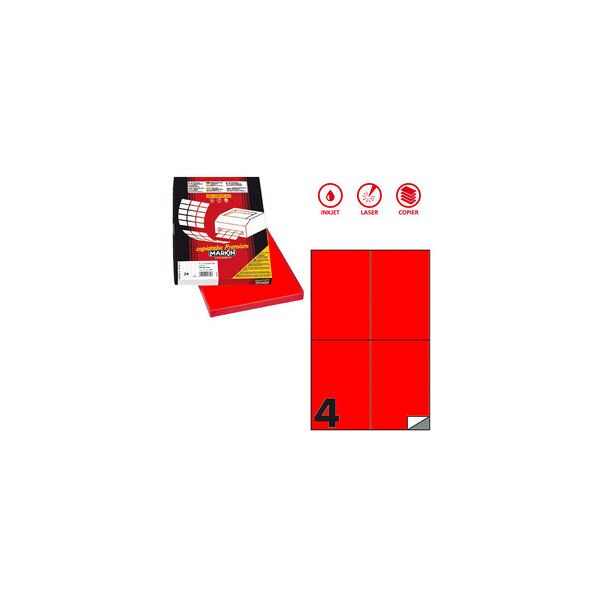 etichette adesive c/519 - in carta - permanenti - 105 x 148,5 mm - 4 et/fg - 100 fogli - rosso fluo - markin