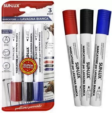 Offertecartucce.com Marcatore per lavagna cancellabile a secco Sunlux 2-3 mm colori nero, blu e rosso conf. 3 pz.