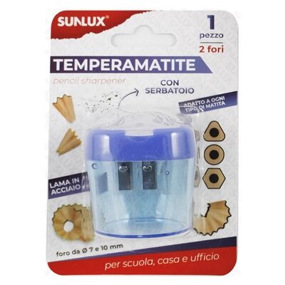 Offertecartucce.com Temperamatite a due fori Sunlux 7/10 mm con serbatorio trasparente blu per matita 1 pz.
