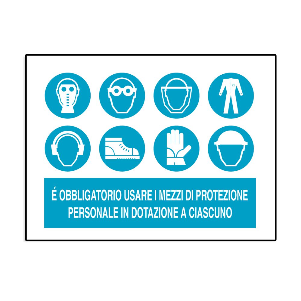 Cartello in alluminio "E' obbligatorio usare i mezzi di protezione"