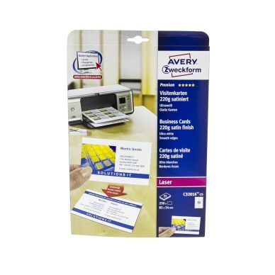 Avery Visittkort hvite, 25 ark, 10 visittkort/ark, 85x54mm, 220g C32016-25