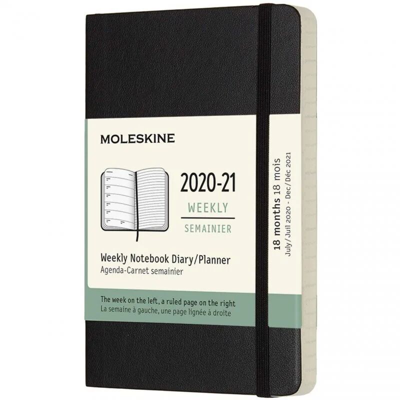 Moleskine pocket agenda semanal 18 meses 2020-2021 capa macia preta