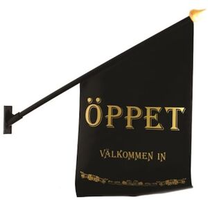 Flagga ''Öppet'' svart med guld text