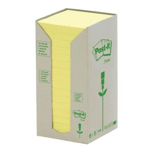 Post-it 654-1T Recycled Sticky Notes Tower 76mm x 76mm - Canary Yellow (16 x 100 Sheets)