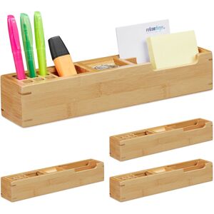 Relaxdays 4x Desk Organiser Bamboo, 11 Compartments, Stationery Storage Box, Pencil Holder, HWD: 6 x 32 x 7 cm, Natural