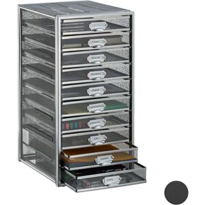 Relaxdays Desk Organiser, 10 Drawers for DIN A4 Files, Letter Tray and Paper Sorter, Mini Chest of Drawers, Silver