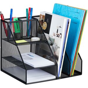 Relaxdays Desk Organiser, 7 Compartments, Metal Pen Holder, HxWxD: 26 x 31 x 25.5 cm, Office & Study, Mesh Design, Black