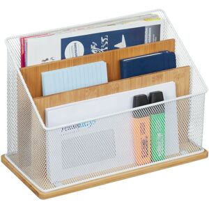 Relaxdays Desk Organiser, Metal & Bamboo, 3 Compartments, Letter Tray, Paper Stand, HWD: 20 x 29 x 14 cm, White/Natural