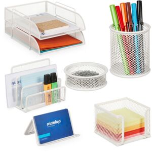 Relaxdays Desk Organiser Set, 7 Pieces, Filing Trays, Note Box, Letter, Paperclip & Pen Holder, Metal, White