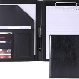 Temu Pu Leather Portfolio Clipboard Folder With Resume Interview Organizer, Business Card Holder Slot, Letter/a4 Size Paper Clip, Document/tablet Sleeve, Pen Loop, And Cellphone Pocket