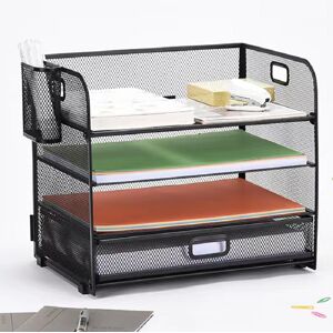 SHEIN 4 Tier Paper Organizer Letter Tray - Mesh Desk File Organizer With Handle, Paper Sorter Organizer For Letter/A4 Office File Folder Holder - Black, 2 Metal Side Hanging Pen Holder Black-4 Layers