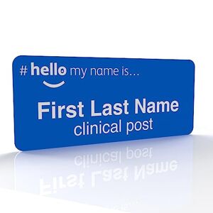 The Print Ninja Hello My Name is Blue Badge Engraved Blue White 75 x 40mm GP Doctor Practitioner Healthcare Assistant Nurse medical Staff Clinical Student Assistant Magnetic Pin or Pin & Clip Fastening