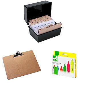 Q-Connect Card Index Box 152 x 102mm Black KF10010 & Q-Connect A3 Masonite Clipboard & Q-Connect Assorted Highlighter Pens (Pack of 6) KF01909
