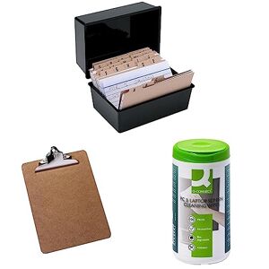 Q-Connect Card Index Box 152 x 102mm Black KF10010 & Q-Connect KF01304 A4 Clipboard Masonite, Brown & Q-Connect Screen and Keyboard Wipes (Pack of 100) KF04501