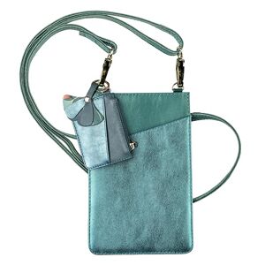 Clairefontaine 115952C – Set of Leather Mobile Phone Pouch + Leather Card Holder + Key Ring in Iridescent Indigo Blue and Pine Green/Small Phone Bag/Shoulder Bag for Women