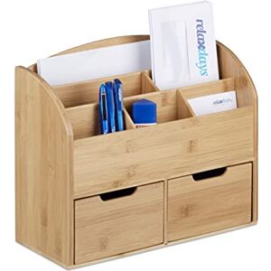 Relaxdays Bamboo Desk Organiser, Letter Holder, 6 Compartments, 2 Drawers, Wood Grain, 25.5 x 33 x 13.5 cm, Natural Brown, 13.5 x 33 x 25.5 cm