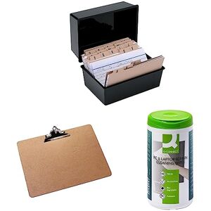 Q-Connect Card Index Box 152 x 102mm Black KF10010 & Q-Connect A3 Masonite Clipboard & Q-Connect Screen and Keyboard Wipes (Pack of 100) KF04501