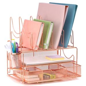 Catekro Desk Organizers and Accessories, File Organizer with Drawer and Pen Holder, Paper Organizer Letter Tray, Desk Top Accessories Stationary Organizer Desk Caddy(Pinkgold)