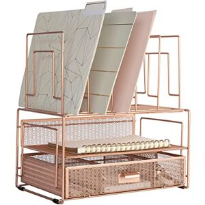 Blu Monaco Workspace Rose Gold Desk Organizers and Storage Accessories Desktop Rack File Organizer with File sorters and Drawer for Office Supplies, Paper, Device and Folder