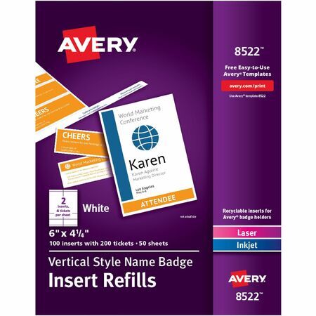 Avery Vertical Name Badge & Ticket Inserts, 6" x 4-1/4" , 100 Inserts (8522)