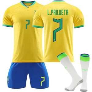 Goodies Qatar 2022 World Cup Brasilien Hjem Lucas Paqueta #7 Trøje Samba Herre fodbold T-shirts Jerseysæt Børn Unge Kids 22(120-130cm)