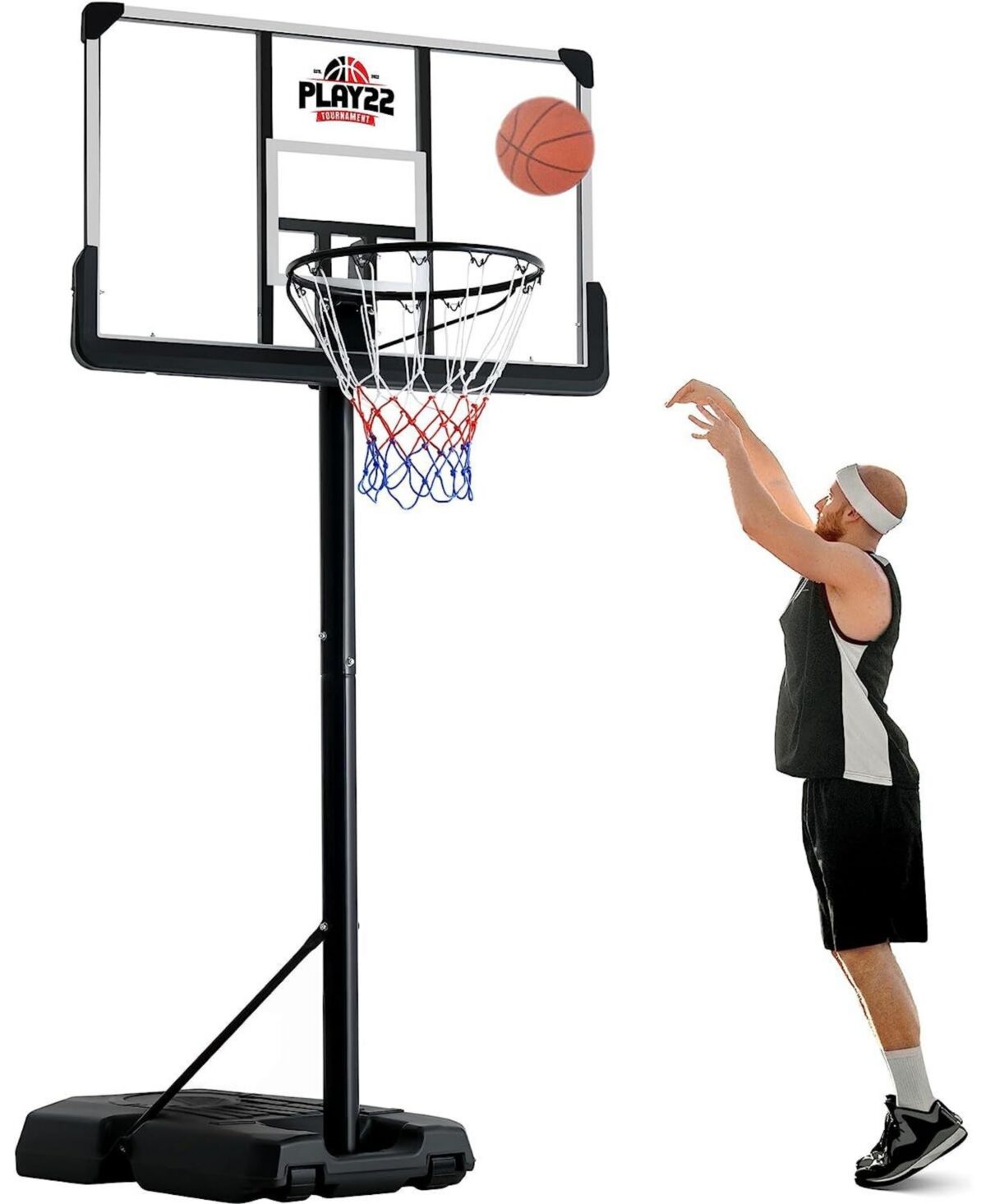 Play22usa Portable Basketball Hoop 10 ft Adjustable - 44in Shatterproof Backboard - Basketball Goal System 8-10 ft Adjustable Basketball Hoop - Black