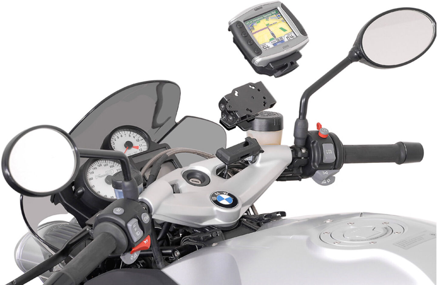 SW-Motech Navi-Halter im Cockpit - Schwarz. BMW F800S, K1200R, K1200RS, K1300R. schwarz