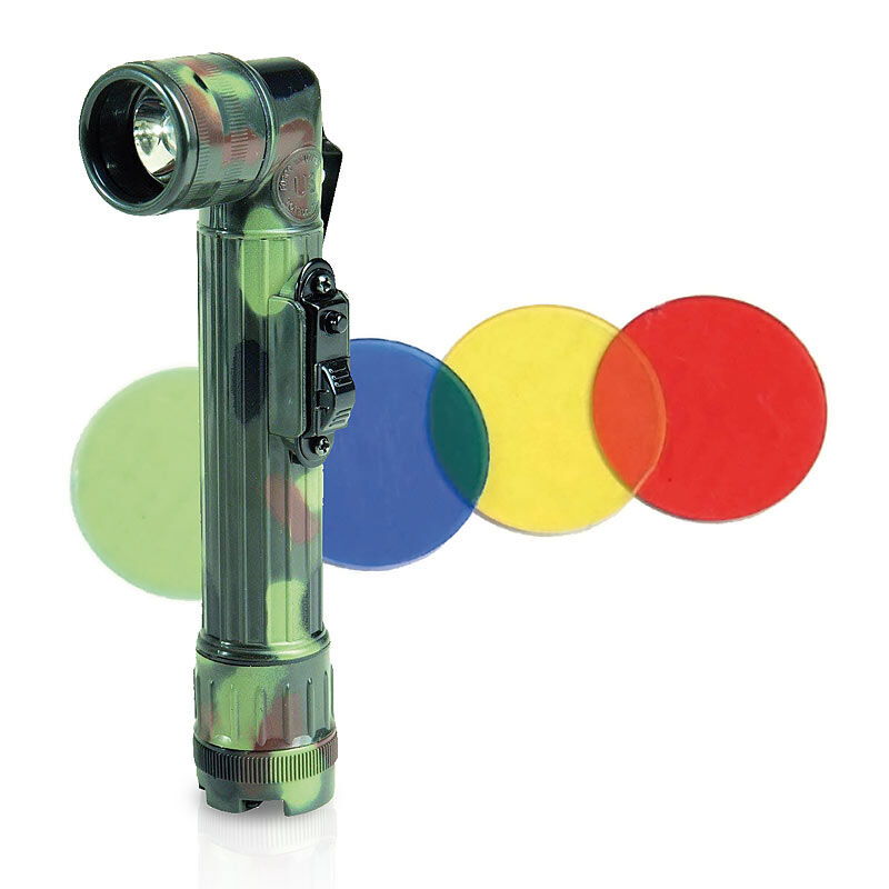 US LED Winkeltaschenlampe mit Morsefunktion und Farbfiltern, flecktarn