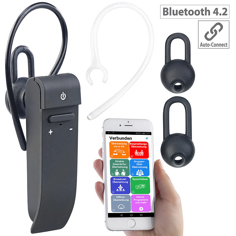 Callstel 2in1-Live-Übersetzer und In-Ear-Mono-Headset, kabellos, Bluetooth, App