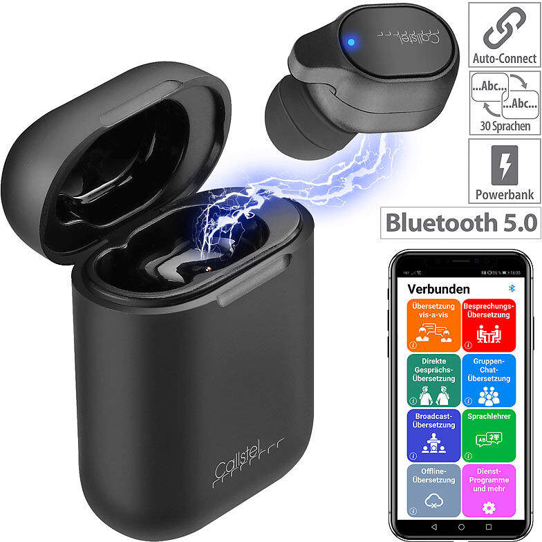 Callstel 2in1-Live-Übersetzer und In-Ear-Mono-Headset mit Powerbank-Box & App