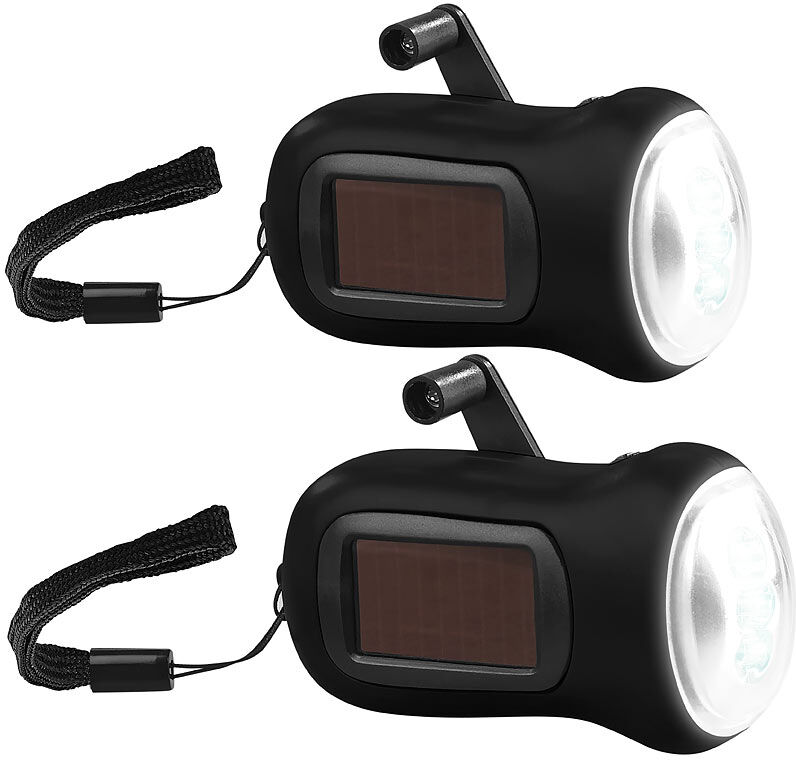 Pearl 2er-Set Dynamo-Akku-Taschenlampe mit Solarpanel, 3 LEDs, 0,4 W, 20 lm