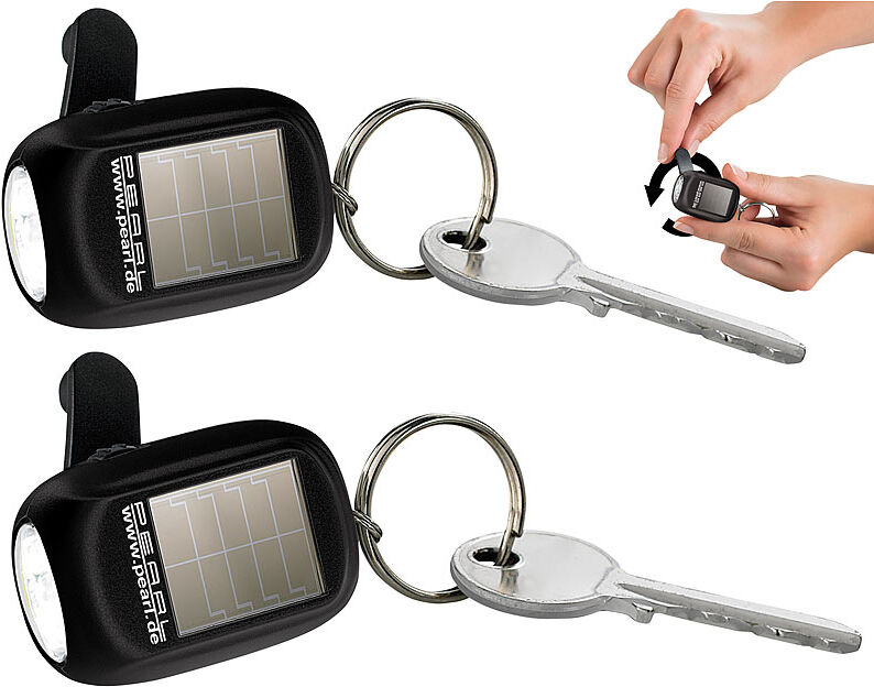 Pearl 2er-Set Mini-Solar-LED-Taschenlampe mit Dynamo & Schlüsselring, 8 lm