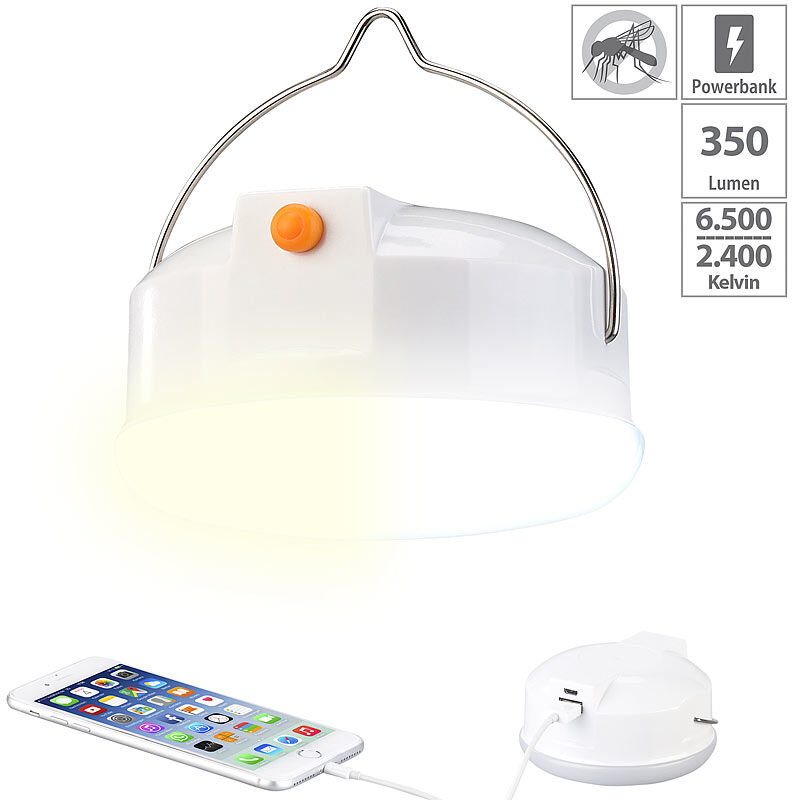 Lunartec 3in1-LED-Campingleuchte mit Anti-Mücken-Funktion & Powerbank, 6.000 mA