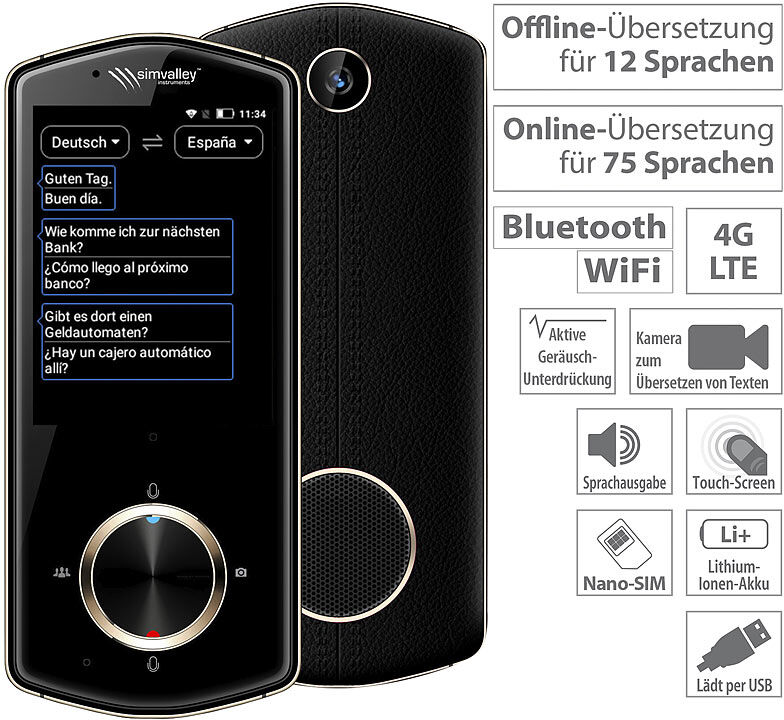 simvalley MOBILE Mobiler Echtzeit-Sprachübersetzer, 75 Sprachen, mit Kamera, 4G & WLAN