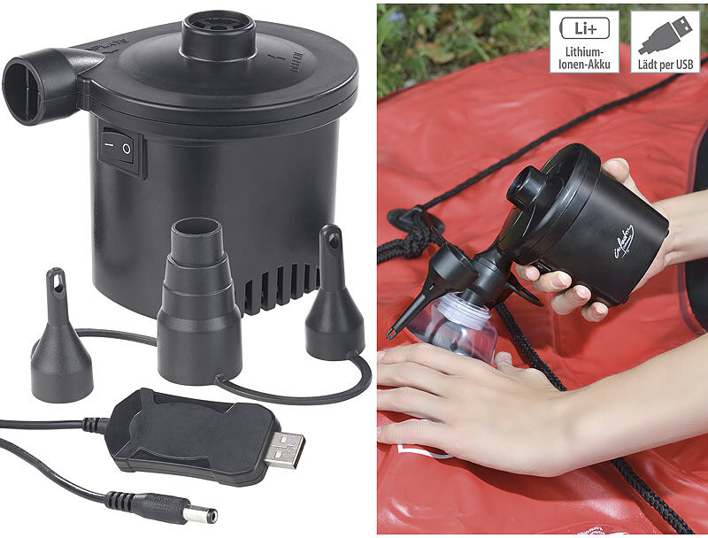 infactory Akku-Luftpumpe mit 3 Ventil-Aufsätzen und USB-Ladekabel, 200 l/Min.