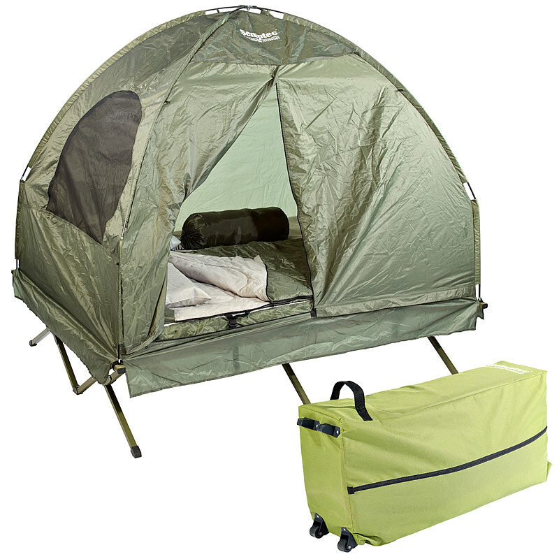 Semptec Urban Survival Technology 4in1-Doppelzelt mit Feldbett, 2 Sommer-Schlafsäcken und Matratze