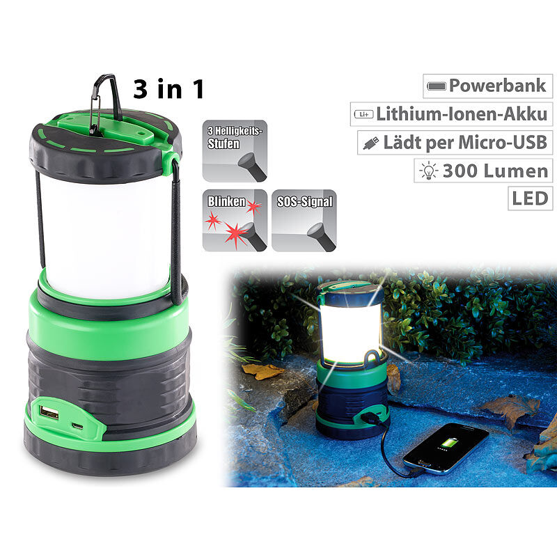 Lunartec 3in1-LED-Akku-Campinglaterne mit Deckenlicht und Powerbank, 3.600 mAh