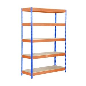 Proregal Schwerlastregal Wood Yeti Light Five   HxBxT 200x120x45cm   Fachlast 300kg   Blau-Orange