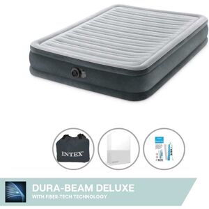 Intex Air Bed - Dobbeltseng - 137 x 191 x 33 cm - Grå - Med indbygget pumpe, Påsyet lagen Hvid og Reparationssæt