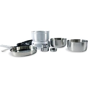 Tatonka Multi Set + Alcohol Burner (8-teilig) Camping-Kochgeschirr aus Edelstahl mit Spirituskocher (Pfanne, 2 Töpfe, Klemmgriff, Windschutz, Kochgestell und Kocher)