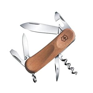 Victorinox Taschenmesser, Evolution 10 Wood, 85 mm, Schweizer Taschenmesser (Swiss Army Knife mit 11 Funktionen, Klinge, Dosenöffner, Schraubendreher 3 mm, Korkenzieher), braun