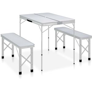 vidaXL Mesa de camping plegable con 2 bancos aluminio blanco