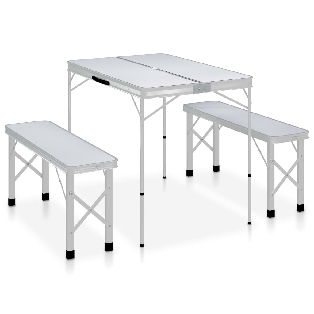 vidaXL Mesa de camping plegable con 2 bancos aluminio blanco